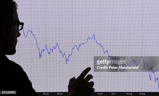 In this photo illustration, a man looks at a graph representing the 12 month decline of the FTSE 100 share index on October 7, 2008 in London....