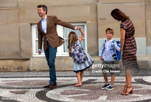 Crown Prince Frederik and Crown Princess Mary accompany their children Princess Jesephine and Prince Vincent to the first day at school on August 15,...