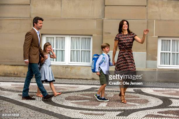 Crown Prince Frederik and Crown Princess Mary accompany their children Princess Jesephine and Prince Vincent to the first day at school on August 15,...