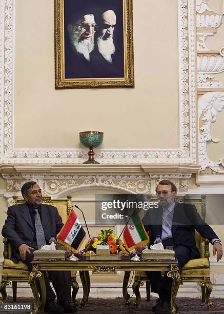 Iraqi Parliament Speaker Mahmud al-Mashhadani meets with his Iranian counterpart Ali Larijani in Tehran on October 7, 2008. Mashhadani, a Sunni Arab,...