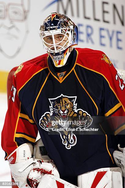 Goaltender Tomas Vokoun of the Florida Panthers skates out to the net against the New York Islanders at the Bank Atlantic Center on October 6, 2008...