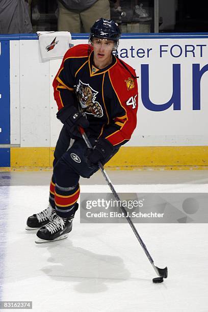 Shawn Matthias of the Florida Panthers skates on the ice against the New York Islanders at the Bank Atlantic Center on October 6, 2008 in Sunrise,...