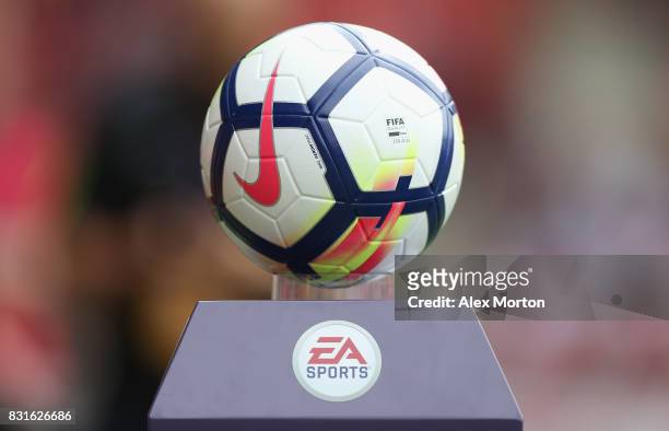 Match ball on the plinth prior to the Premier League match between Southampton and Swansea City at St Mary's Stadium on August 12, 2017 in...