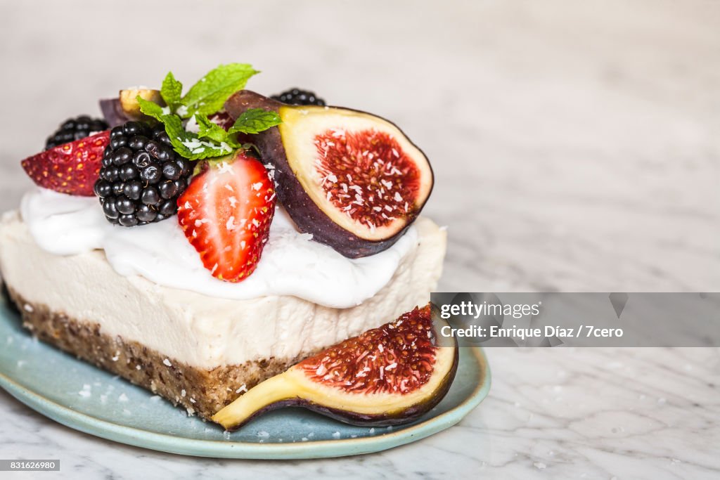 Summer Fruit Cheesecake on Blue Plate 1