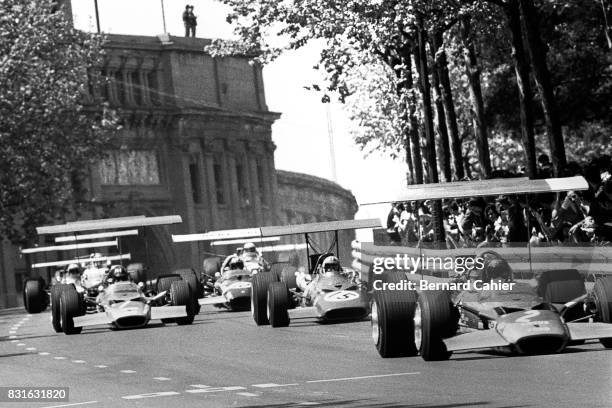 Jochen Rindt, Graham Hill, Chris Amon, Jo Siffert, Lotus-Ford 49B, Ferrari 312, Grand Prix of Spain, Montjuic, 04 May 1969. The crazy and dangerous...