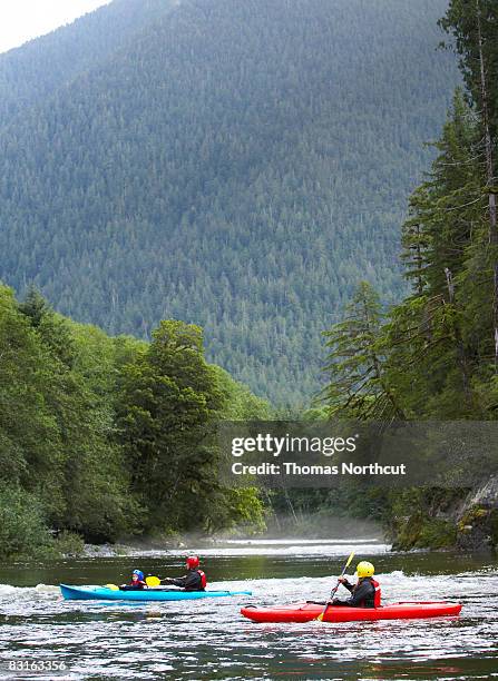 family kayaking on river. - canoeing and kayaking stock pictures, royalty-free photos & images