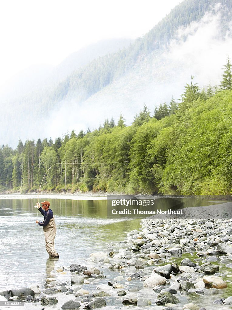 Man fly fishing in river 