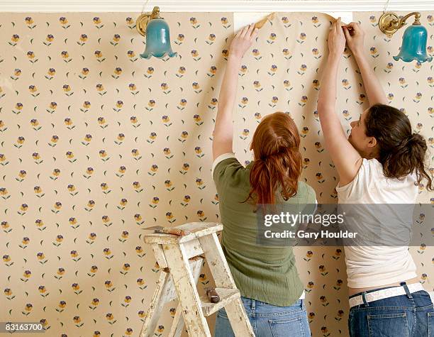 friends beginning to remove wallpaper - stripping stockfoto's en -beelden