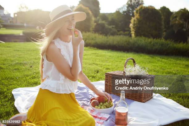 young woman having picnic in park - falda de flores fotografías e imágenes de stock