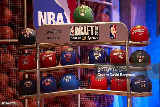 Draft: View of ball rack with balls representing teams and the year they entered the league during draft at Madison Square Garden. New York, NY...