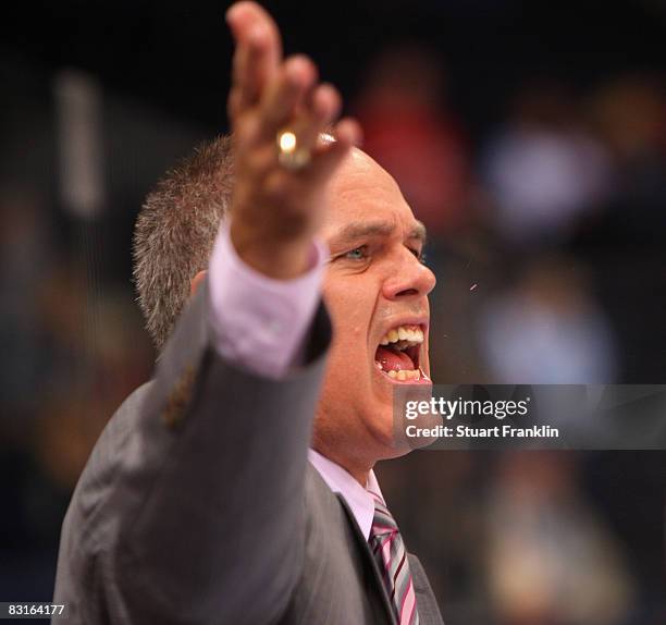 Bill Stewart, trainer of Hamburg shouts during the DEL match between Hamburg Freezers and Koelner Haie at the Color Line Arena on October 7, 2008 in...