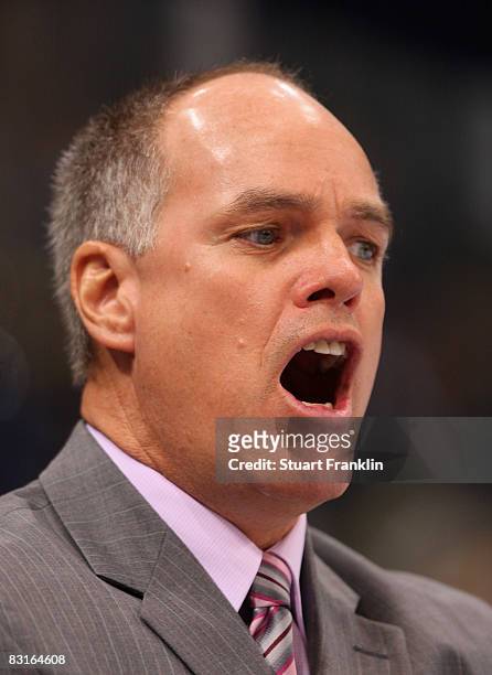 Bill Stewart, trainer of Hamburg shouts during the DEL match between Hamburg Freezers and Koelner Haie at the Color Line Arena on October 7, 2008 in...