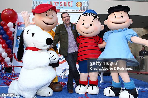 Snoopy, Charlie Brown TV personality Ross Mathews, Linus Van Pelt and Lucy Van Pelt attend the DVD release for Warner Home Video's "You're Not...