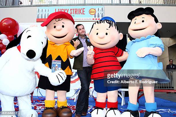 Snoopy, Charlie Brown, TV personality Ross Mathews, Linus Van Pelt and Lucy Van Pelt attend the DVD release for Warner Home Video's "You're Not...