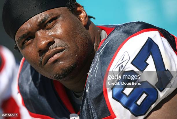 Offensive lineman Melvin Fowler of the Buffalo Bills takes a breather on the bench while taking on the Jacksonville Jaguars at Jacksonville Municipal...