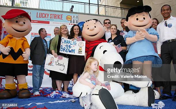 Charlie Brown, Linus, Lucy Van Pelt and Snoopy attend Warner Home Video's DVD Release of "You're Not Elected, Charlie Brown" October 7, 2008 in...