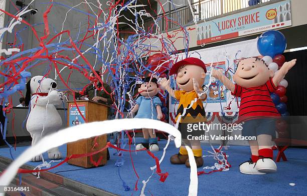 Snoopy, Lucy Van Pelt, Charlie Brown and Linus attend Warner Home Video's DVD Release of "You're Not Elected, Charlie Brown" October 7, 2008 in...