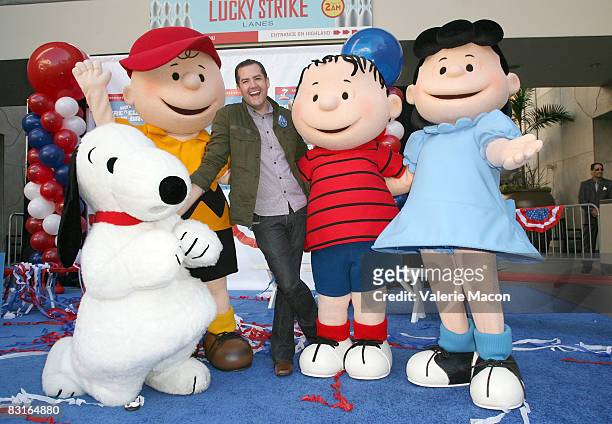 Snoopy, Charlie Brown, TV Personality Ross Mathews, Linus and Lucy Van Pelt attend Warner Home Video's DVD Release of "You're Not Elected, Charlie...