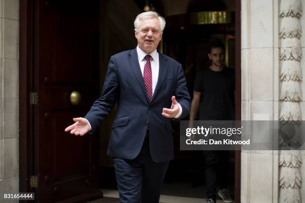 British Secretary of State for Exiting the European Union David Davis, leaves Millbank studios after a radio interview on August 15, 2017 in London,...