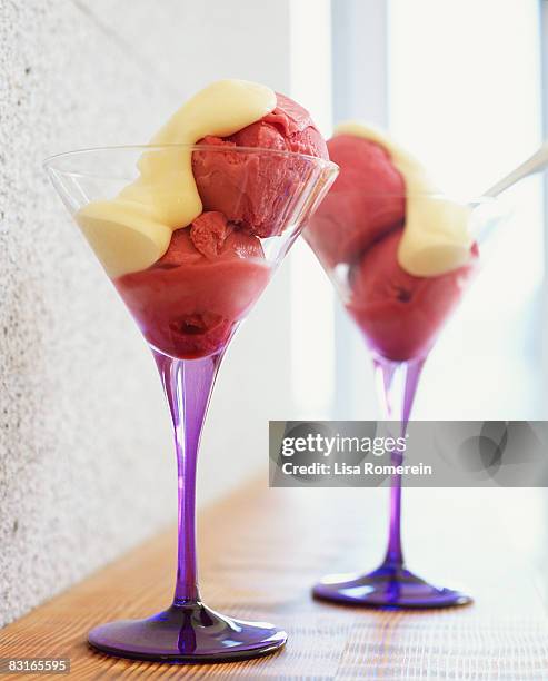 raspberry-cassis sorbet and champagne sabayon - raspberry sorbet stock pictures, royalty-free photos & images