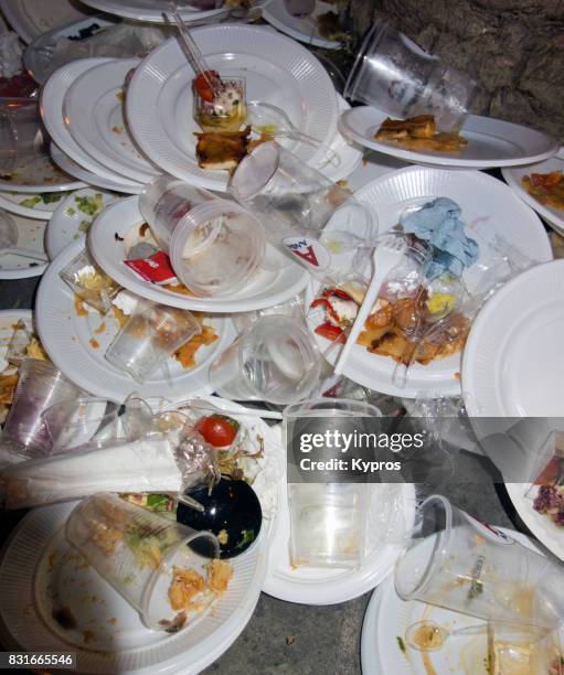 europe, greece, rhodes island, view of piles of discarded plastic throw away plates after street party - after party garbage stock pictures, royalty-free photos & images