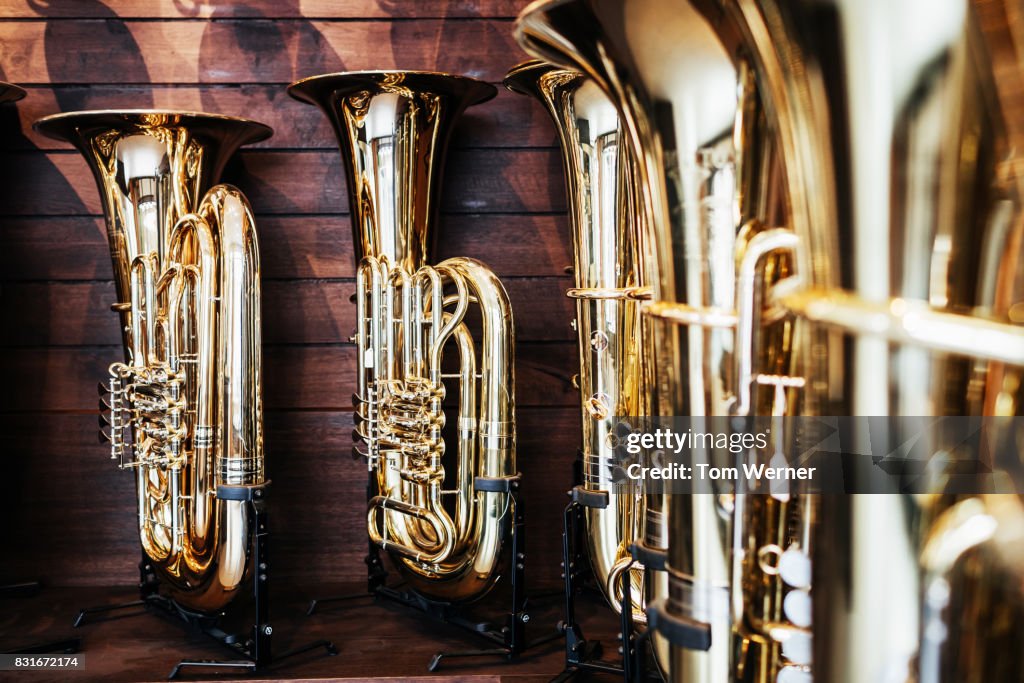 Instruments On Display Close Up Of Finished Musical Instruments On Display In Workshop High ...
