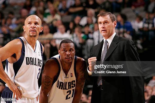 Rick Carlisle, head coach of the Dallas Mavericks gives instructions to Jason Kidd and Antoine Wright against the Washington Wizards on October 7,...