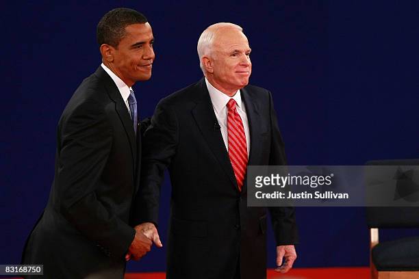 Republican presidential candidate Sen. John McCain and Democratic presidential candidate Sen. Barack Obama shake hands after taking part in a Town...
