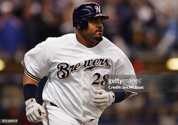 Prince Fielder of the Milwaukee Brewers runs the bases after his home run against the Philadelphia Phillies in game four of the NLDS during the 2008...