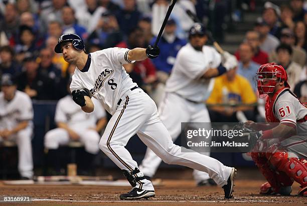 Ryan Braun of the Milwaukee Brewers hits a single against the Philadelphia Phillies in game four of the NLDS during the 2008 MLB playoffs at Miller...