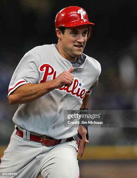 Pat Burrell of the Philadelphia Phillies runs the bases against the Milwaukee Brewers in game four of the NLDS during the 2008 MLB playoffs at Miller...