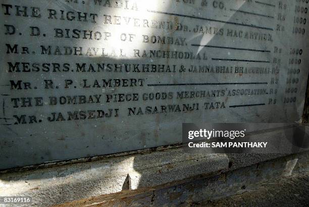 An inscribed plaque lists the names of donors and their donations - including that of Jamsedji Nasarwanji Tata - the grandfather of Ratan Tata...
