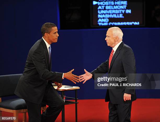 Democrat Barack Obama and Republican John McCain shake hands at the conclusion of their second presidential debate at Belmont University's Curb Event...