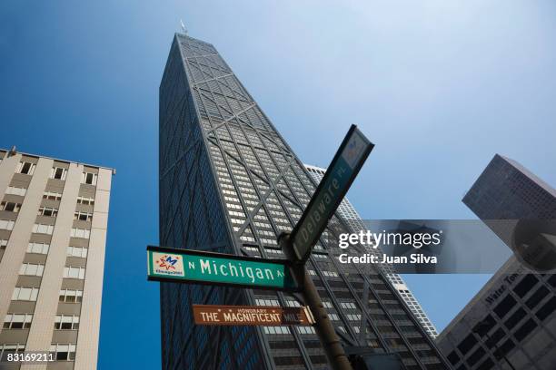 john hancock center and water tower place building - chicago sign stock pictures, royalty-free photos & images