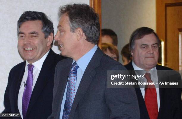 Britain's Prime Minister Tony Blair , Chancellor Gordon Brown and Deputy Prime Minister John Prescott arrive at the Labour Party's forthcoming local...