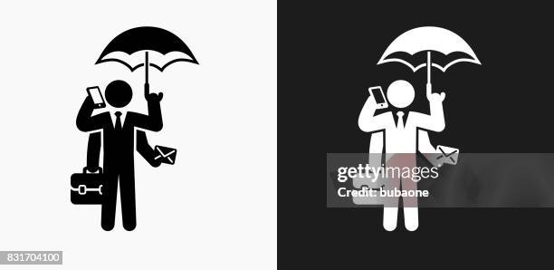 businessman multitasking icon on black and white vector backgrounds - multitasking phone stock illustrations