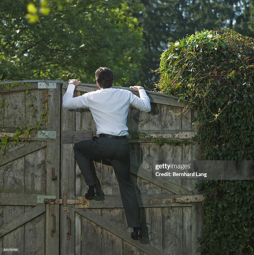 Business-Man on gate, looking