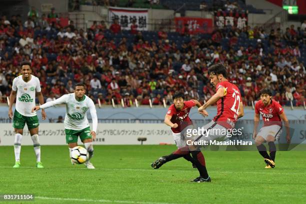 Yuki Abe of Urawa Red Diamonds converts the penalty to score the opening goal during the Suruga Bank Championship match between Urawa Red Diamonds...