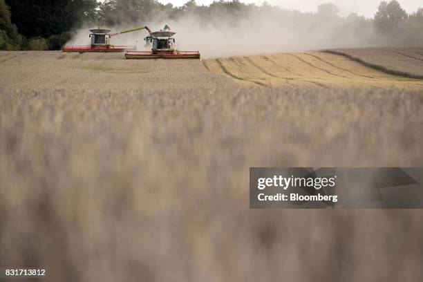 Combine harvesters, manufactured by Claas KGaA, operate in a wheat field in Wustermark, Germany, on Monday, Aug. 14, 2017. In Germany, problems with...