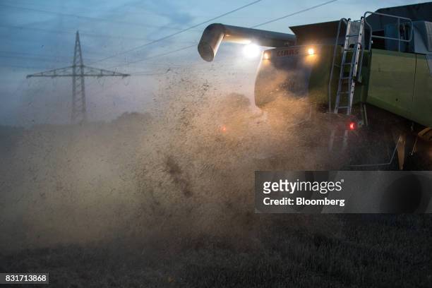 Wheat chaff rises as a Claas KGaA Lexion 600 combine harvester operates in a wheat field in Wustermark, Germany, on Monday, Aug. 14, 2017. In...