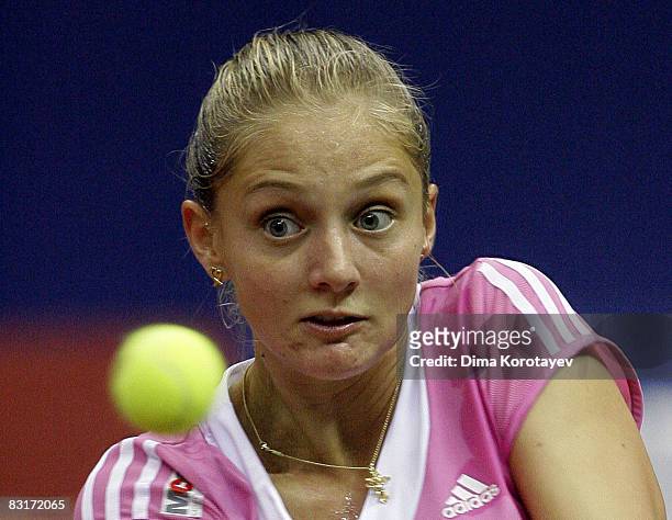 Anna Chakvetadze of Russia in action against Caroline Wozniacki of Denmark during day three of the Kremlin Cup Tennis at the Olympic Stadium on...