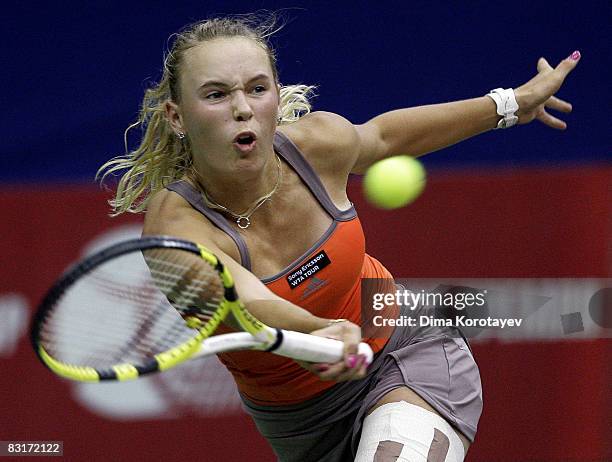 Caroline Wozniacki of Denmark in action against Anna Chakvetadze of Russia during day three of the Kremlin Cup Tennis at the Olympic Stadium on...