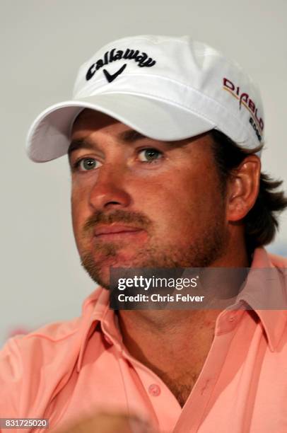 Northern Irish golfer Graeme McDowell speaks at a press conference after winning the 110th US Open golf championship, Pebble Beach, California, June...