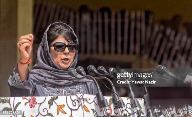 Mehbooba Mufti, Chief Minister of Jammu and Kashmir addresses a gathering , at Bakshi Stadium, where the authorities hold the main function, during...