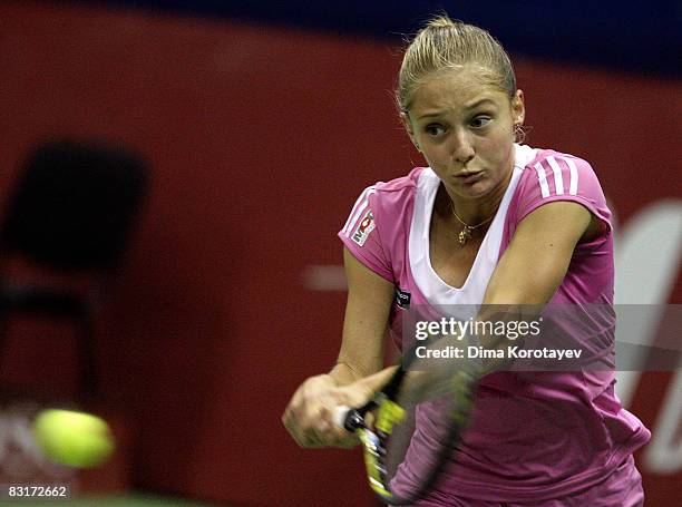 Anna Chakvetadze of Russia in action against Caroline Wozniacki of Denmark during day three of the Kremlin Cup Tennis at the Olympic Stadium on...