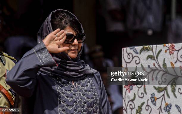 Mehbooba Mufti, Chief Minister of Jammu and Kashmir takes the salute , at Bakshi Stadium, where the authorities hold the main function, during...
