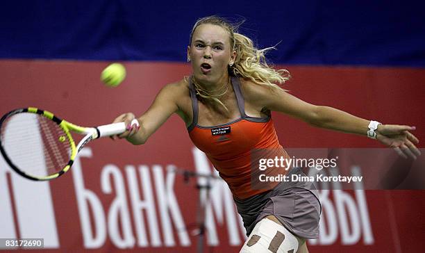 Caroline Wozniacki of Denmark in action against Anna Chakvetadze of Russia during day three of the Kremlin Cup Tennis at the Olympic Stadium on...