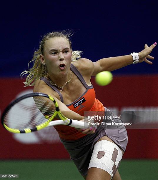 Caroline Wozniacki of Denmark in action against Anna Chakvetadze of Russia during day three of the Kremlin Cup Tennis at the Olympic Stadium on...