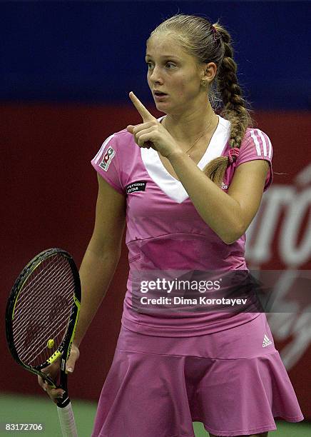 Anna Chakvetadze of Russia reacts during day three of the Kremlin Cup Tennis match against Caroline Wozniacki of Denmark at the Olympic Stadium on...