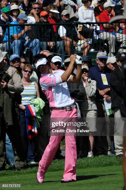 Japanese golfer Ryo Ishikawa swings his club on the green during the 110th US Open golf championship, Pebble Beach, California, June 17, 2010.